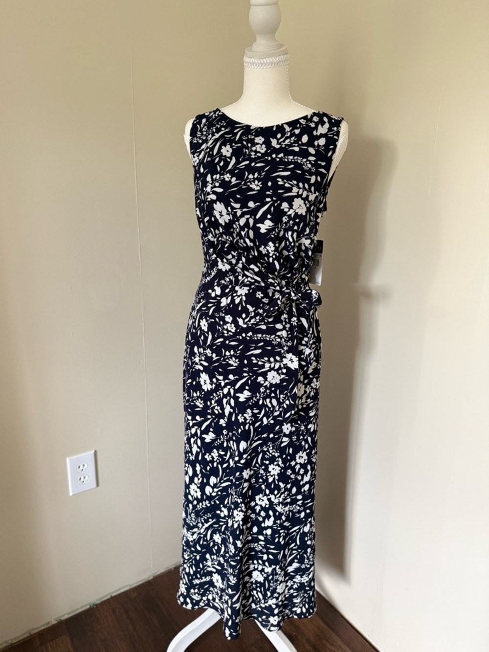 NWT Lauren Ralph Lauren Sleeveless Navy & White Floral Midi Maxi Dress Sundress - Picture 2 of 10